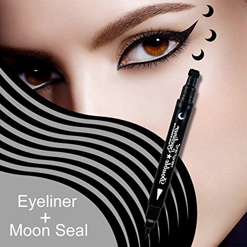 MIOBLET 1PC Super Double-headed Black Liquid Eyeliner Pencil Pen Waterproof Star Heart Moon Flower Shape Seal Stamp Tattoo Eyes Liner Makeup (Moon Seal)